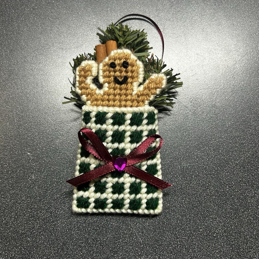 Vintage Needle Point Gingerbread Man Christmas Ornament Traditional Holiday